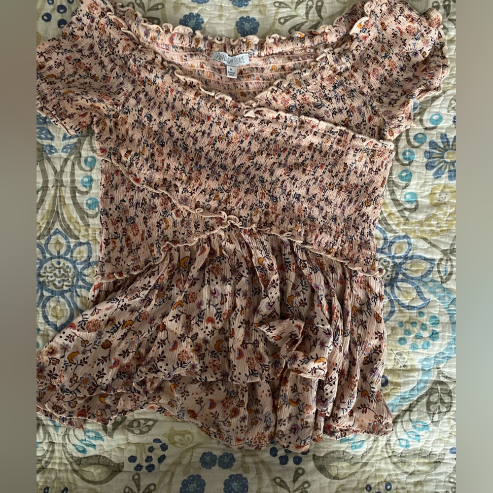 Free People Pink and Blue Ruffled Wrap Blouse